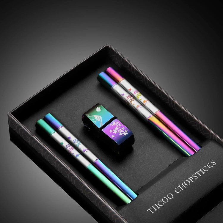 Metal Chopsticks Reusable 2 Pairs Titanium Plated 18/8 Stainless Steel Chopsticks with Holder, Dishwasher Safe Non-Slip Japanese Style Laser Engraved Chop Sticks Gift Set (Rainbow)