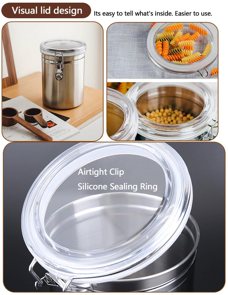 Coffee Canister 4 Pcs Stainless Steel Food Container with Clear Lids Airtight Container Stackable Canisters Kitchen Pantry Storage for Cereal