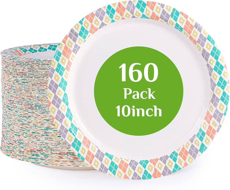 FOCUSLINE 10 Inch Paper Plates, 160 Count Disposable Paper Plates for Everyday Use, Cut-Proof & Soak-Proof Coated Dinner Plate Large, Round 10" Plate for Home, Party