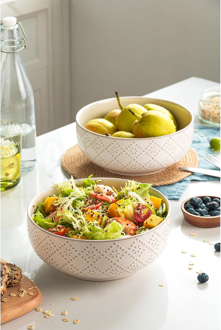 Large Serving Bowls, 8 inch 60 OZ Salad Bowls Set of 2, Ceramic Bowl Set for Salad,Ramen, Soup, Cereal and Entertaining, Farmhouse Decorative, Dishwasher & Microwave Safe, Off-White