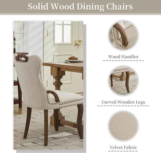 Beige Velvet Dining Chairs Set of 4,Modern Upholstered Dining Room Chairs with Tufted Back and Wood Accents, Curved Solid Wood Legs & Nailhead Trim, Sillas De Comedor Modernas 4