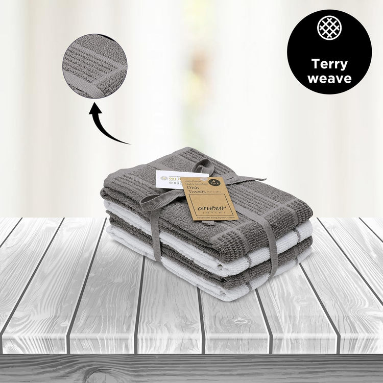 AMOUR INFINI Kitchen Towels Pack of 4 - Absorbent, Quick Drying Premium Cotton Tea Towel - Kitchen Linens 16x28 Inch Dish Towels with Hanging Loop (L.Grey) - Nestoria