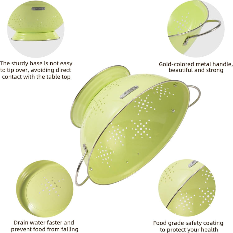 Metal Colander 2 Pack, Strainer Bowel with Handles 2Qt & 6Qt Powder Coated Solid Ring Base Heavey Duty Kitchen Drainer Basket for Pasta Veggies and Fruits,New Home Apartment Essentials (LightGreen)