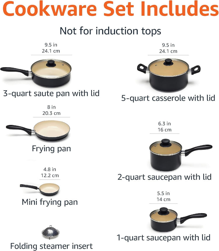 Amazon Basics 11-Piece Ceramic Non-Stick Pots and Pans Set, Dishwasher & Oven Safe, Non-Toxic, Easy Clean, Black/Cream