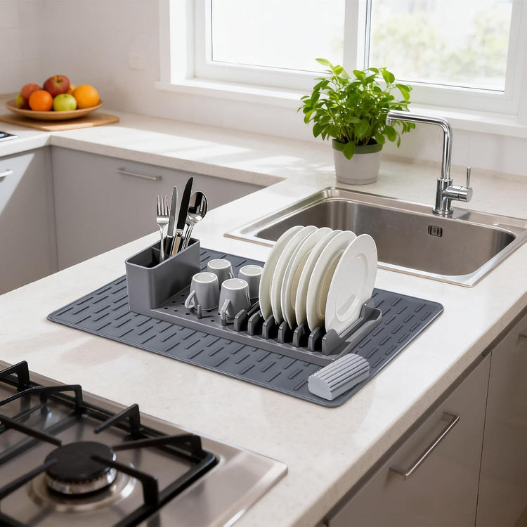 Silicone Dish Drying Rack with Mat - Foldable Space Saving Kitchen Sink Organizer, Countertop Drainer for Dishes Utensils (50x35cm Mat & Detachable Holder)