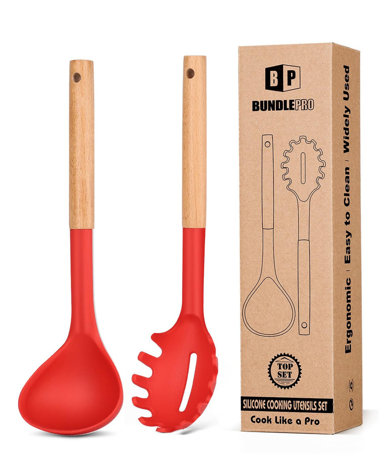 Silicone Pasta Fork and Ladle Spoon Set with Wooden Handle (2 Count)