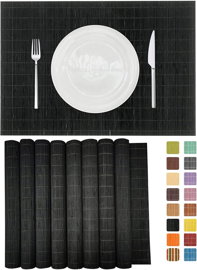 ANDSTAR Set of 8 Pcs Bamboo Placemats Sushi Rolling Mat Japanese Style Natural Anti-Slip Bamboo Placemats Washable Heat-Resistant Table Mats for Dining Room and Kitchen(Black)