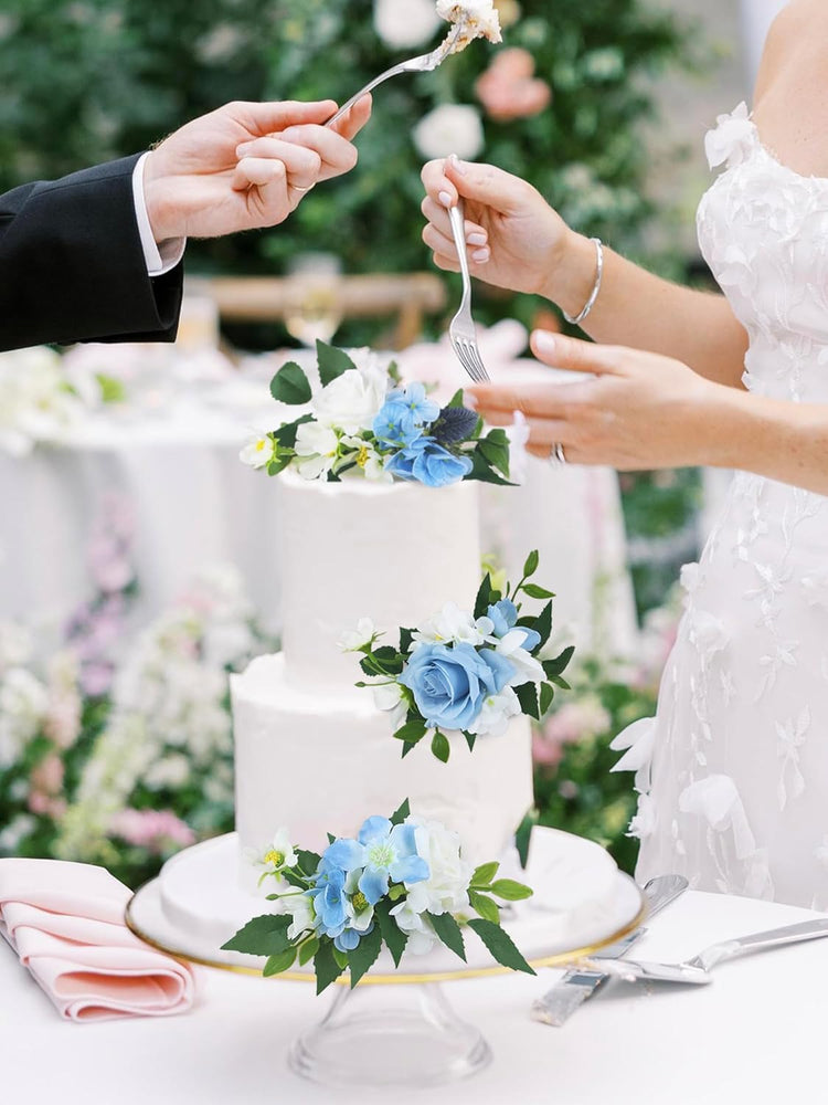 Rinlong 3Pcs Pre-made Flower Cake Topper Cake Decorations Baby Blue Wedding Cake Decorating Flowers Cake Decor Baptism Girl Women Birthday Party Bridal Baby Shower
