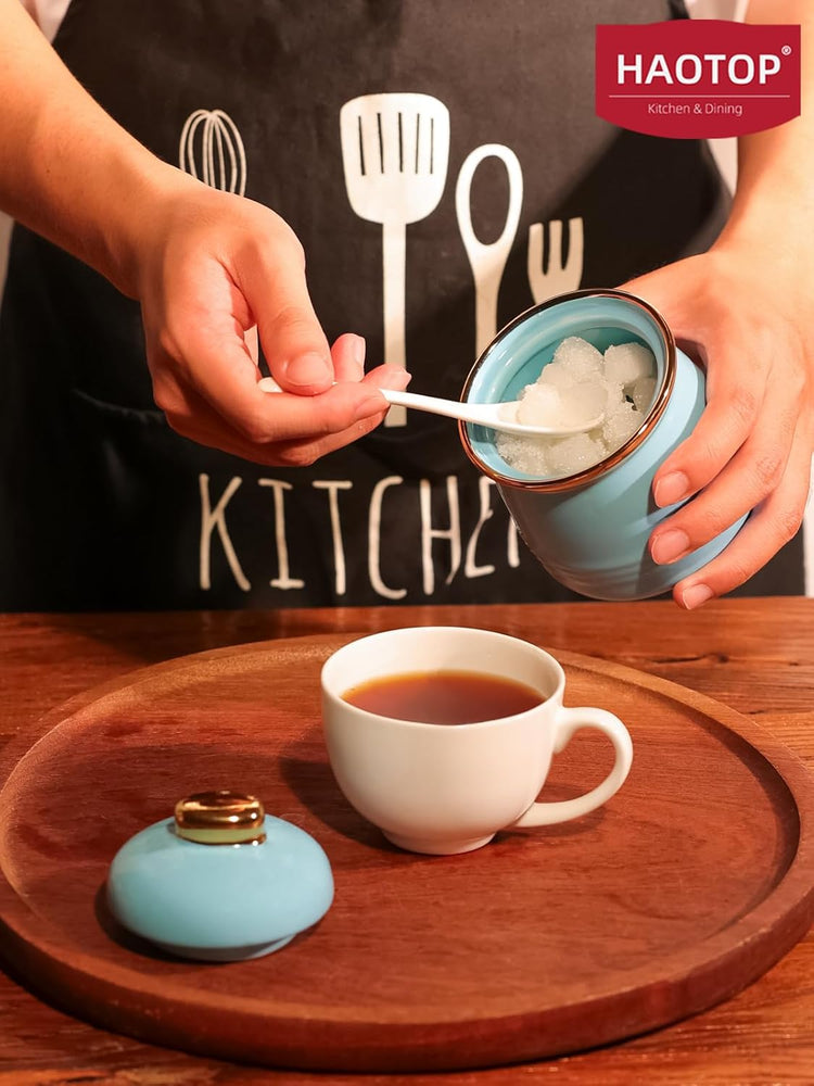 HAOTOP 12oz Sugar Bowl with Lid and Spoon,Simple Ceramic Sugar Jar Sugar Container Sugar Dispenser Coffee Bar Accessories, Modern Kitchen Countertop Canisters, Turquoise