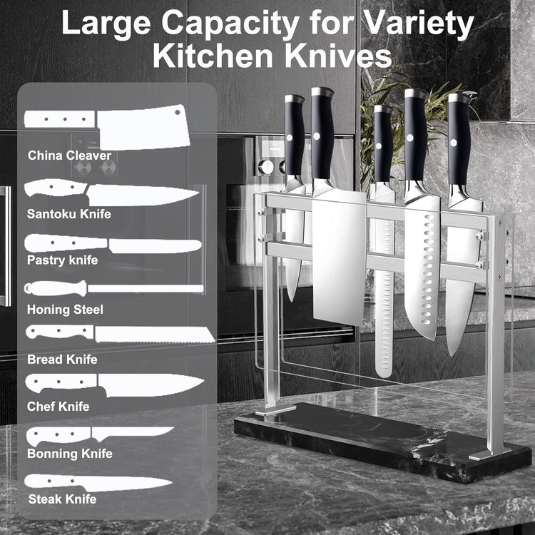YIIYIIN Magnetic Knife Block with Acrylic Shield - Marble Based Double Side Magnetic Knife Stand - Kitchen Magnetic Knife Holder - Knife Storage - Knife Holders for Counter Top - Black