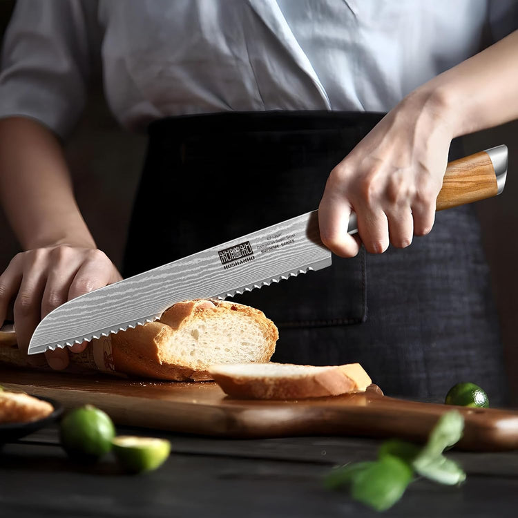 Bread Knife 8 Inch, Damascus Steel Bread Kitchen Knife with Ergonomic Olive Wood Handle, Professional Ultra-Sharp Serrated Knife for Homemade Bread, Sourdough Bread Cutting