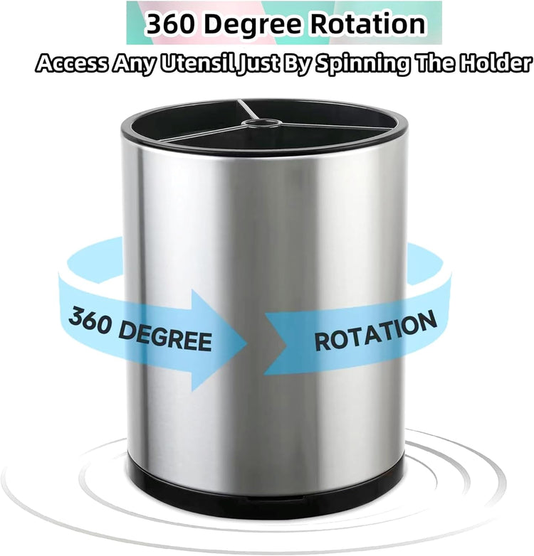 Kitchen Utensil Holder Extra Large 360°Rotating For Counter Organizer Stainless Steel Storage Cooking Silverware Caddy 3 Compartment Flatware Spoon Spatula Tool Cutlery Container(Silvery)