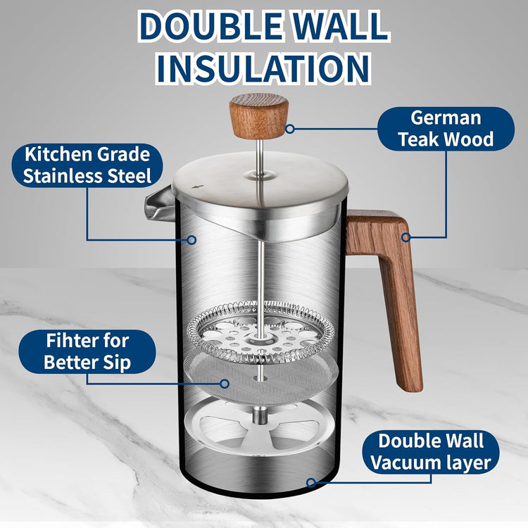 BERTILLE french press coffee maker, 34OZ 304 food stainless steel French press coffee maker with solid wood handle, double-layer insulation and 3-layer filtration system (silver)