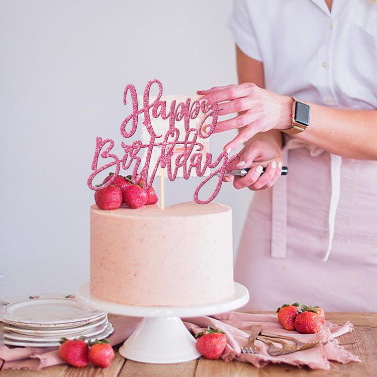 1 PCS Happy Birthday Cake Topper Glitter Happy Birthday Cake Pick for Celebrating Happy Birthday Anniversary Theme Party Cake Decorations Supplies Pink