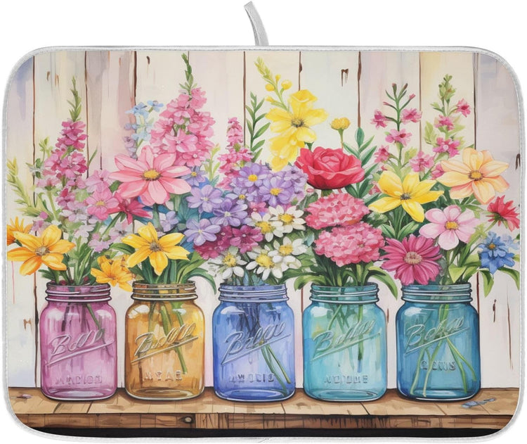 Spring Floral Jars Rustic Dish Drying Mat for Kitchen Counter Absorbent Microfiber Small Drying Pad Flowers Dish Mats for Kitchen Countertops 16 x 18 Inch