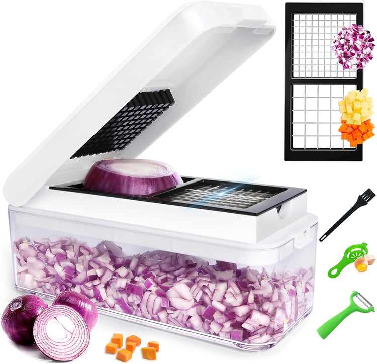 Vegetable Chopper, Onion Chopper Dicer, Mandoline Slicer, Food Chopper with Container, Vegetable Cutter for Salad Potato Carrot Garlic(2 Blades, White Black)
