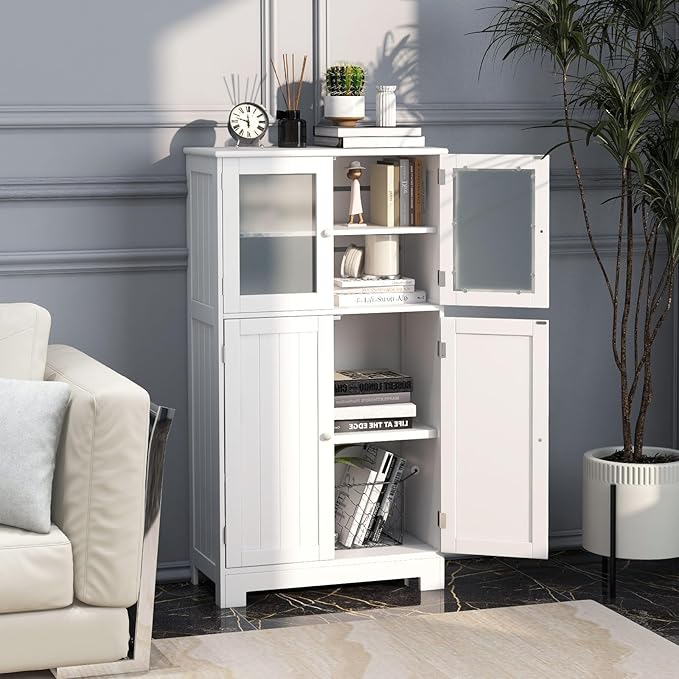 COSTWAY Bathroom Storage Cabinet, Wooden Linen Storage Organizer Cupboard with Doors & Adjustable Shelf, Freestanding Floor Cabinet for Living Room, Kitchen, Entryway, Office (White)