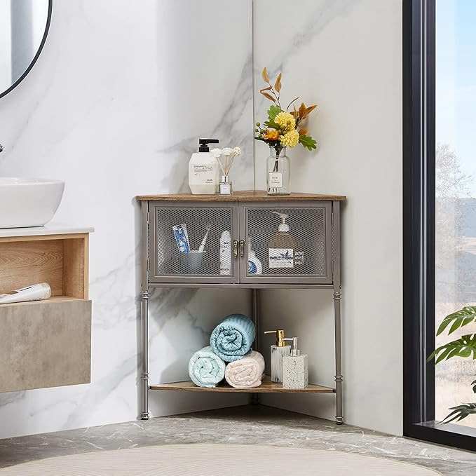 VECELO Corner Cabinet/Table, 3-Tier Display Shelves with Protection Door, Metal Frame Storage Shelf Organizer for Small Space, Living Room, Kitchen, Bathroom
