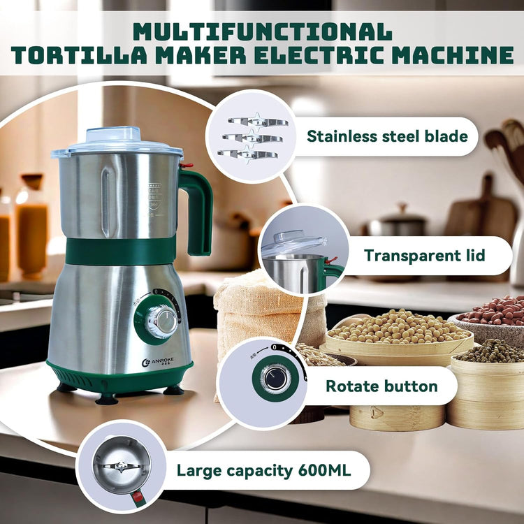 Electric Spice and Nut Grinders - 3 Stainless Steel Blades, 1 Filter, 1 Brush - 500W Grinder for Kitchen Dry Use (Green)