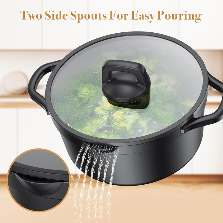 PekGema Nonstick Pots and Pans Set, Non Stick Cookware Set 14 Pcs, Induction Cooking Set with Pour Spouts and Oven Safe for Casserole, PFOA FREE, Classic Black