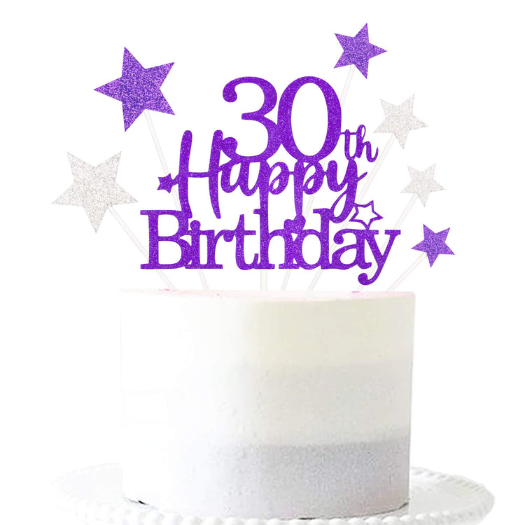 Purple Silver 30th Birthday Cake Topper with Glittery Stars (7 Count)