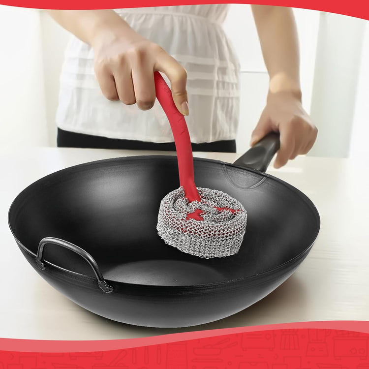 Cast Iron Chainmail Scrubber with Handle (ABS) - Cleaner for Pans and Pots - Premium Stainless Steel/Silicone Scraper for Skillets - Ergonomic Food-Safe Design - Easy to Clean Cookware Dish Brush