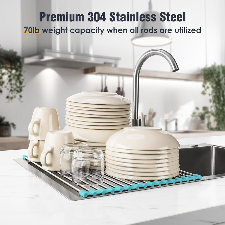 Tomorotec 17.7" x 12.5" Roll Up Dish Drying Rack Over Sink Drying Rack Sink Cover Kitchen Sink Accessories Gadget Multipurpose Organizer Foldable Stainless Steel Drainer
