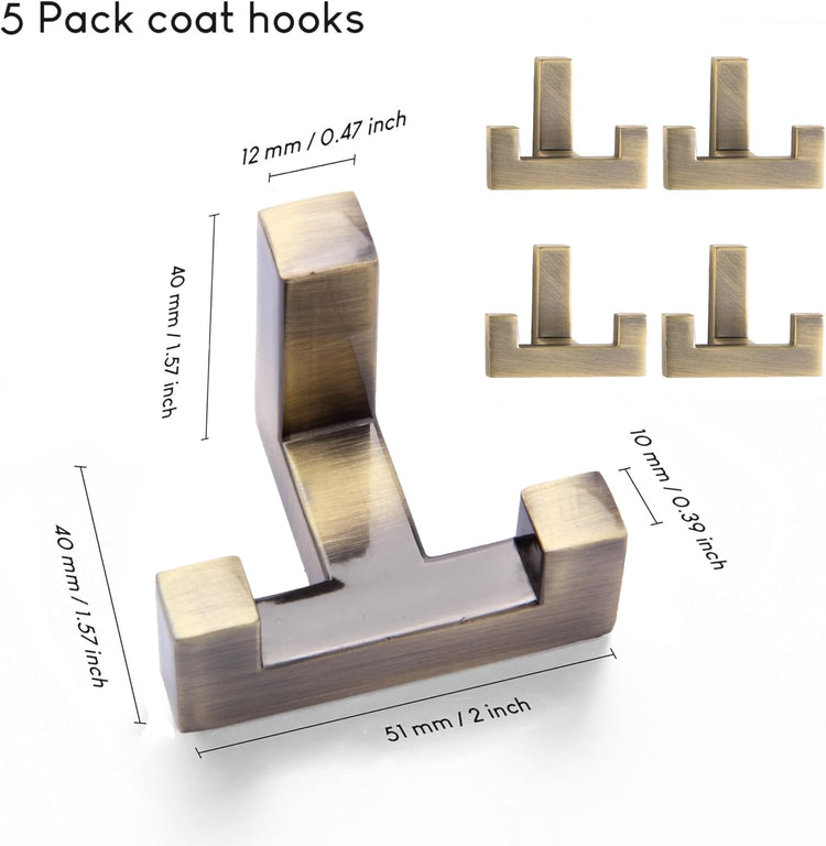 5 Pack Heavy Duty Coat Hook Wall Mount with Screw Retro Double Coat Hook Utility Hook for Coats, Scarves, Bags, Towels, Keys, Hats, Mugs (Bronze)