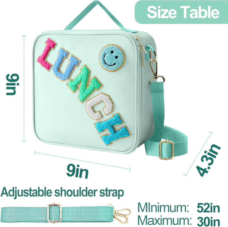 Insulated Lunch Bag With Adjustable Shoulder Strap, Nylon Preppy Lunch Box Large Insulated Lunch Bag Reusable Lunch Tote Bag with Smiley Preppy LunchBag for Girls School Travel Picnic (Green)