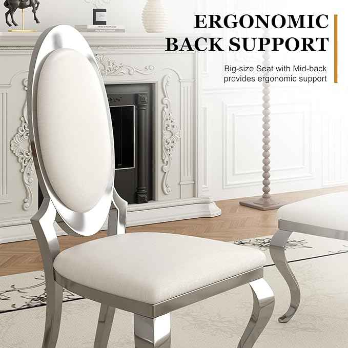 Modern Dining Chairs Set of 4, Luxury Faux Leather Upholstered Armless Dining Room Chair with Mirrored Stainless Steel Silver Legs, Mid Century Accent for Wedding Party Banquet Reception, White