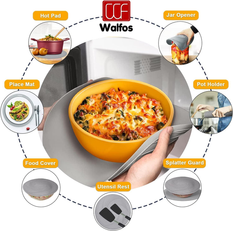 Walfos Silicone Microwave Mats, Heat Resistant Multi-Purpose Microwave Trivet Mat, Non-Slip Hot Pads, BPA Free Silicone Mats for Microwave, Oven, Hot Pan, Pot (Grey)
