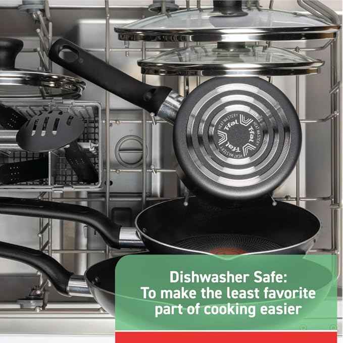 T-fal Initiatives Nonstick Cookware Set 18 Piece, Oven Broiler Safe 350F, Kitchen Cooking Set w/Fry Pans, Saucepans, Stockpots, Skillet, Spoons, Lids Pots and Pans Set Non Stick Dishwasher Safe Black