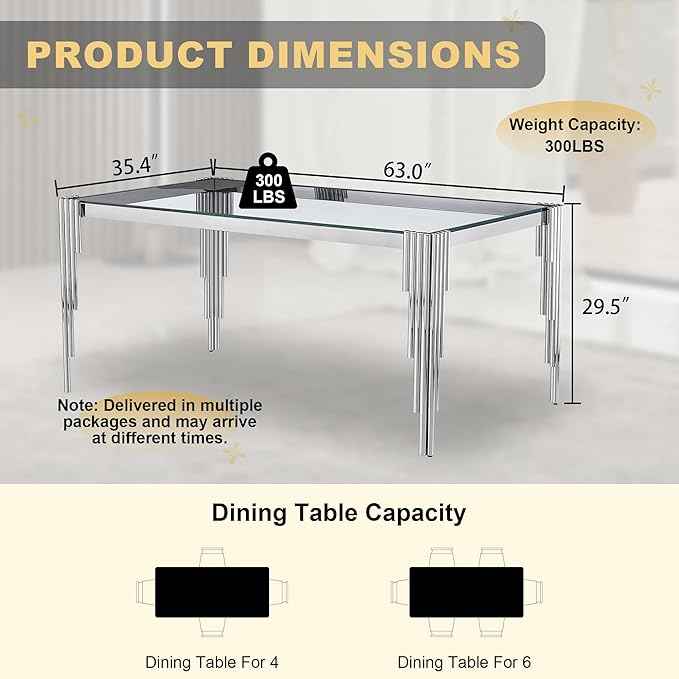 63'' Modern Glass Dining Table for 4-6 People,Tempered Glass Top Dining Room Table with Stainless Steel Base, Glass and Silver Dining Table for 6, Rectangle Dining Kitchen Table for Dinner