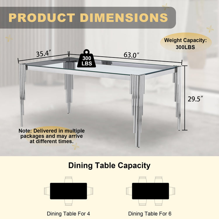 63'' Modern Glass Dining Table for 4