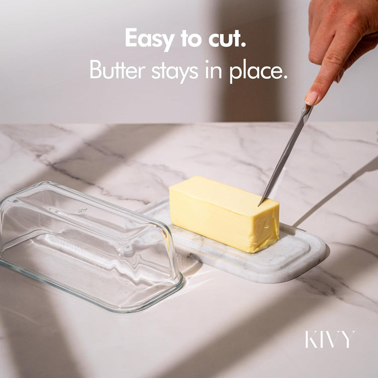 KIVY Butter Dish (White Marble & Glass) - For countertop and refrigerator door shelf - Marble butter keeper - Stone butter dish - Glass butter dish with lid - Dishwasher Safe