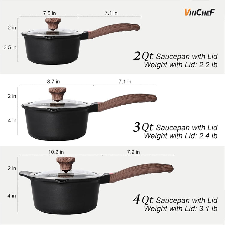 VINCHEF Sauce Pan Set with Lid 10PCS, 2QT+3QT+4QT Non Stick Sauce Pots Cooking Induction Pot set, Silicone Tools and Pot Protectors, PFAS and PFOA Free Black - Nestoria