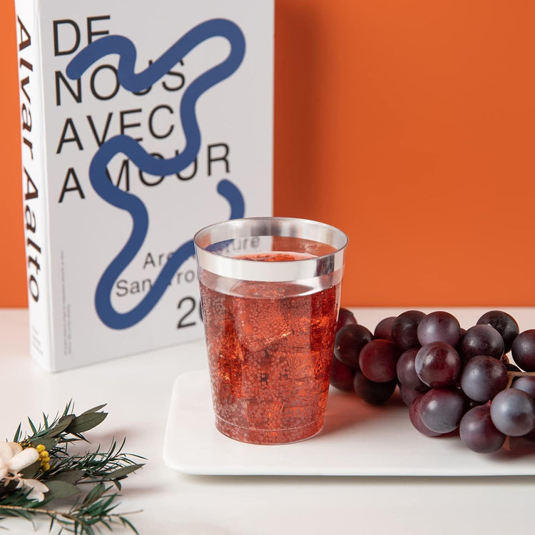 I00000 200pcs Silver Disposable Plastic Cups 10 oz Clear Old Fashioned Tumblers With Silver Rim - Fancy Wedding Party Cups, Elegant Wine Glasses, Cocktail Tumblers