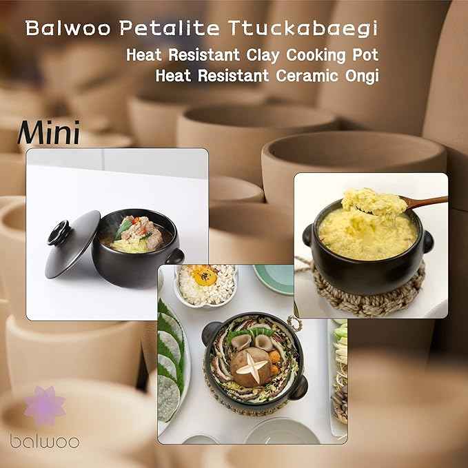 Korean Earthenware Pot Ttukbaegi, Ceramic Clay Cooking Pot Petalite Casserole, Heat Resistant Ceramic Pot, Zero-Crack Stone Bowl Stockpot Soup Cookware (Mini)
