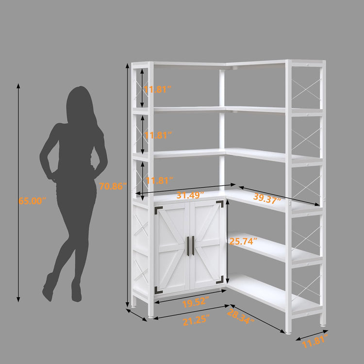 Corner Bookshelves 6 Tier, Farmhouse Wooden Bookcases for Corner, L Shaped Etagere Bookshelf with Storage for Living Room Home Office