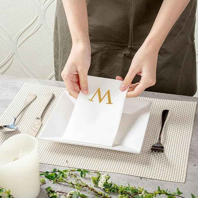 Luxenap 15.8 X 7.9 Inch Linen-Feel Guest Towels, 2000 Lettered Hand Towels - Gold Letter 'W', Sans Serif Font, White Paper Dinner Napkins, airlaid, For Restrooms And Tables