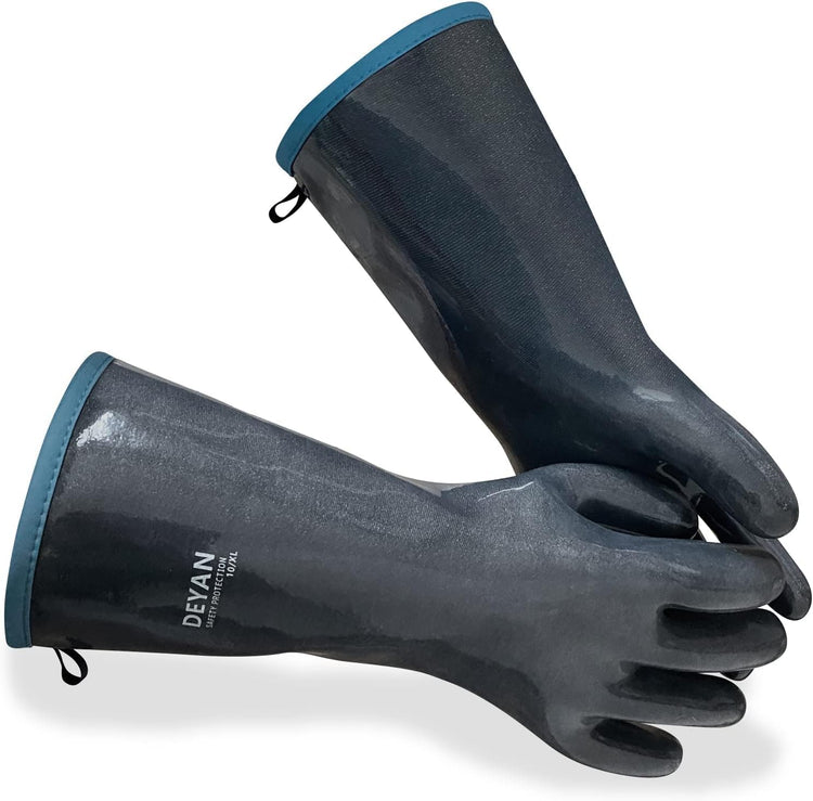 DEYAN Silicone BBQ Gloves, 932°F Heat Resistant Oven Gloves with Fingers, Kitchen Waterproof Hot Proof Glove for Fryer, Smoker, Baking, Cooking, Cutting(9/L)