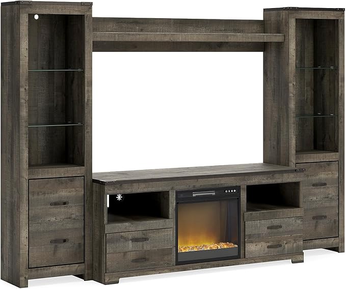 Signature Design by Ashley Trinell Urbanology 4-Piece Entertainment Center for TVs up to 72" with Electric Fireplace, LED Lighting and Adjustable Temperature, Dark Brown