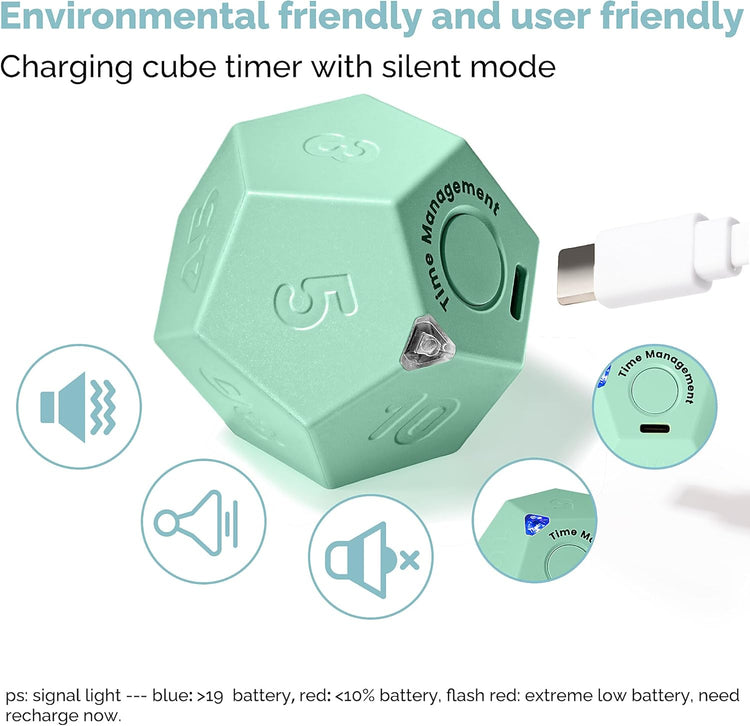 KADAMS Pomodoro Cube Timer Productivity-11 Preset Countdowns, Flip-to-Start Gravity Activation - Sound Vibrate Mute Rechargeable - Ideal for ADHD Kid Kitchen Classroom Cook Study Exercise - Green
