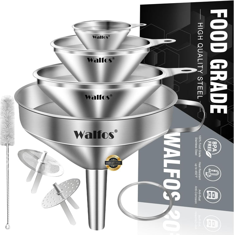 Stainless Steel Funnel, Walfos 4 Pack(4in、3 in、2.2 in、1.7in Kitchen Funnel with 2 Removable Strainer & 1Pcs Cleaning Brush, Perfect for Transferring of Liquid, Oils, Jam, Dry Ingredients & Powder