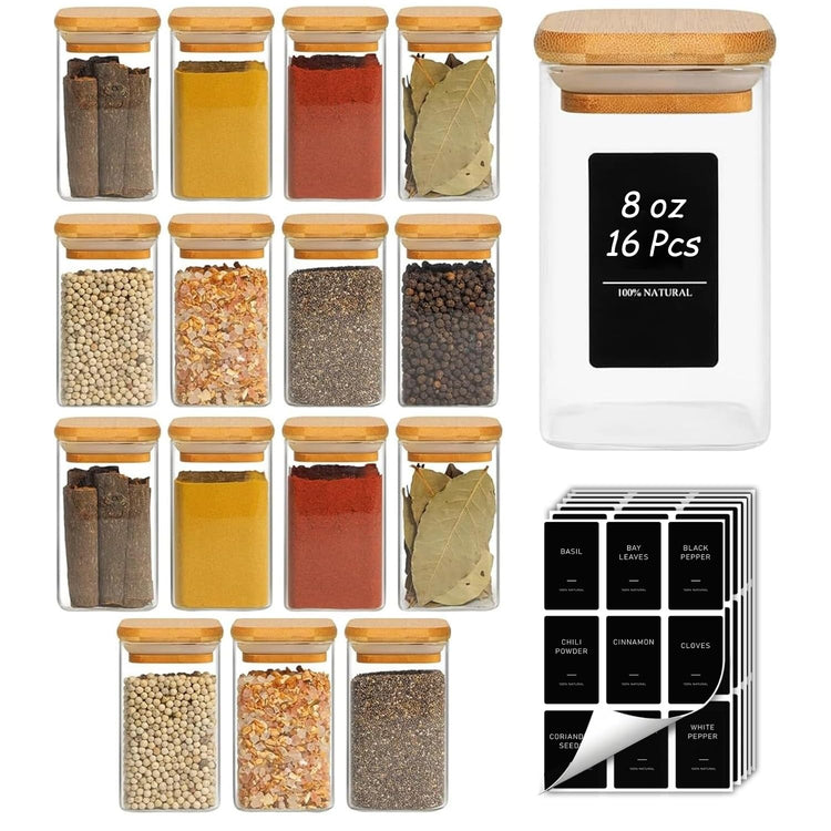 Glass Spice Jars with Labels 8 oz 16 Pack Square Bamboo Lids (16 Count)