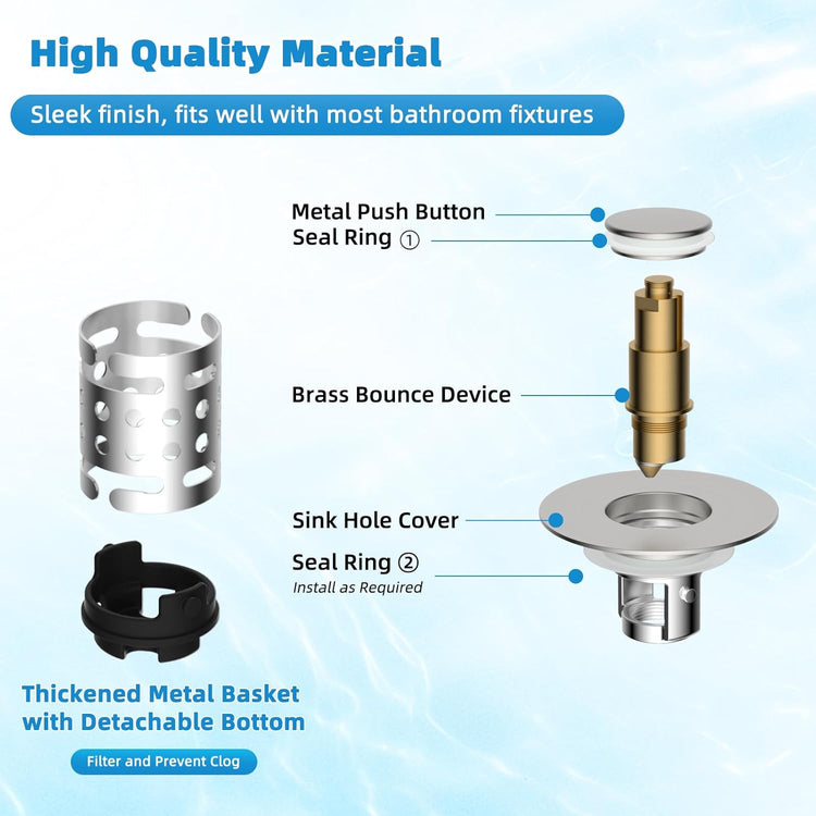 Universal Bathroom Sink Stopper Hair Catcher Upgraded with 2-Layer Detachable Filter Basket, 2PCS 4 in 1 Pop Up Drain Strainer, Anti-Clog, Odor-Block, Fit for 1.1''~2.36'' Sinks, Brushed Nickel
