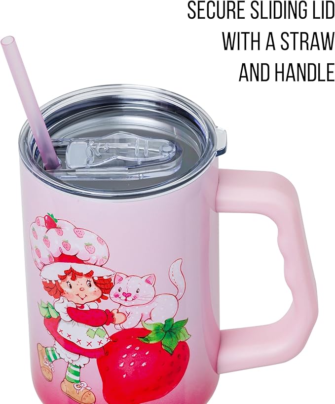 Silver Buffalo Strawberry Shortcake and Custard Vintage Berry Ombre Double Walled Stainless Steel Tumbler with Handle and Straw, Fits in Standard Cup Holder, 40 Ounces