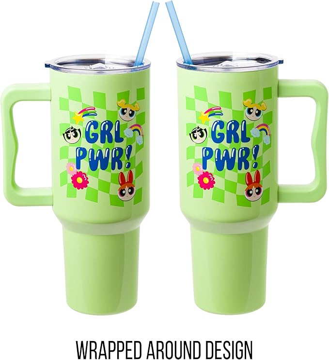 Silver Buffalo Powerpuff Girls Girl Power Groovy Retro Featuring Blossom, Bubbles, and Buttercup Double Walled Stainless Steel Tumbler with Handle and Straw, Fits in Standard Cup Holder, 40 Ounces