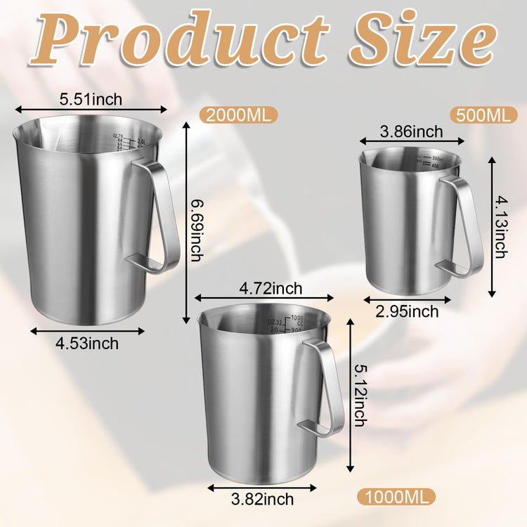 3 Pieces Stainless Steel Measuring Cups Metal Pitcher with Oz and ML marking Measuring Cup with Handle and Pour Lip