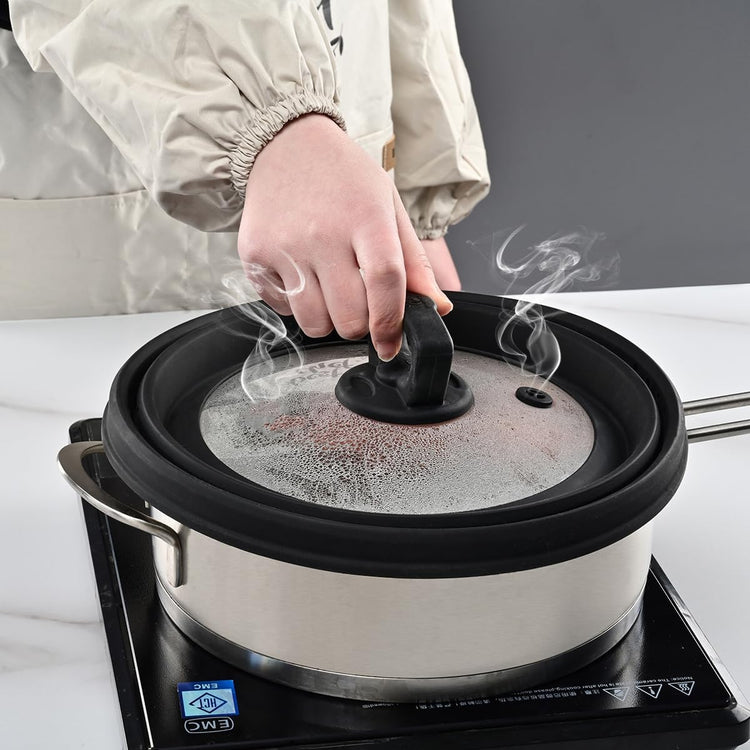 Microwave Splatter Cover Vented Glass Guard Lid with Collapsible Silicone for Food as Pot Cover 11.8 inch Large Plate for 6 7 8 9 10 11 inch Plate Bowl